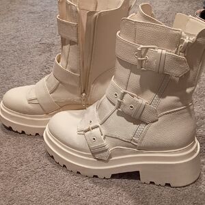 Women's Cream Ankle Combat Boots